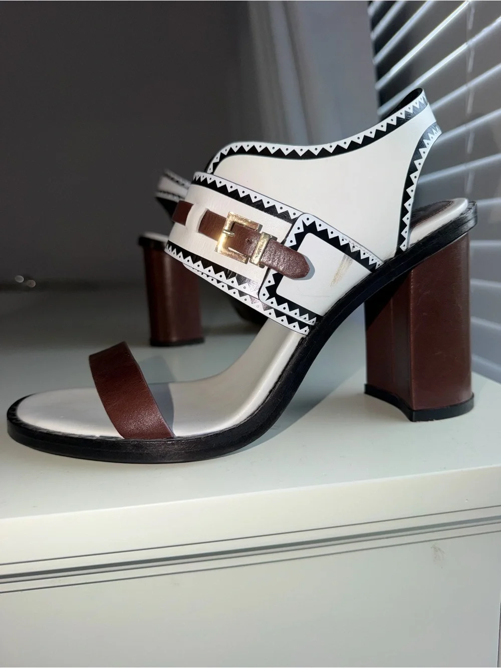 Tory Burch White and Brown Leather Buckle Sandals